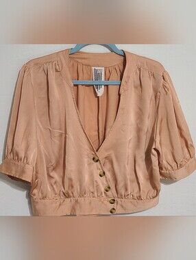 Free People Peach  V-Neck Button-Down Crop Top  Cottagecore Vacation Sz L